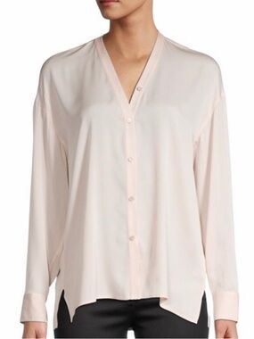 V-Neck Long-Sleeve Button Front Blouse - Light Pink